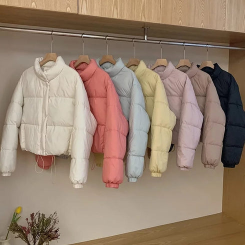 Crop Puffer Zipper with Buttons Jacket